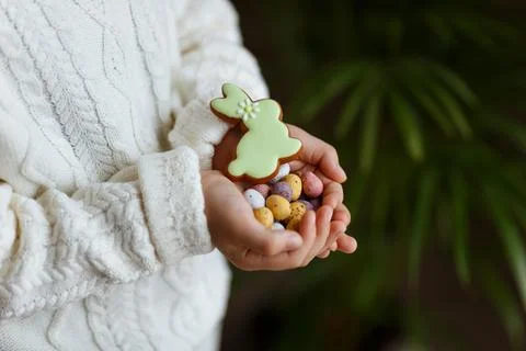 Little boy with chocolate easter eggs and bunny cookie in his hands Foto stock