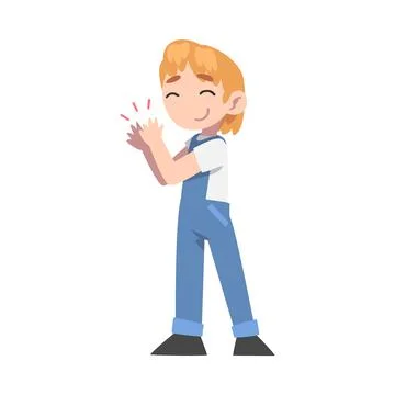 Little Boy Clapping his Hands, Happy Kid on Overalls Applauding Expressing Stock Illustration