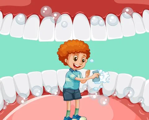 A little boy cleaning teeth inside human mouth Ilustración de archivo