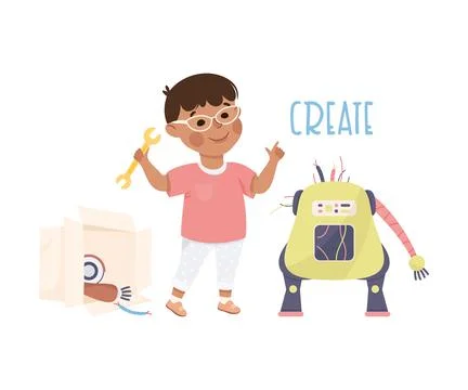 Little Boy Creating Robot Demonstrating Vocabulary and Verb Studying Vector Illustrazione stock