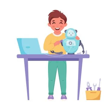 Little boy creating a robot. Robotics, programming and engineering for kids. Stock Illustration