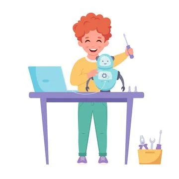 Little boy creating a robot. Robotics, programming and engineering for kids. Stockillustratie