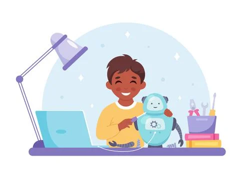 Little boy creating a robot. Robotics, programming and engineering for kids. Stock Illustration