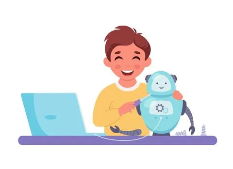 Little boy creating a robot. Robotics, programming and engineering for kids. Stock Illustration