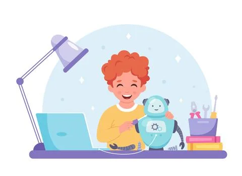 Little boy creating a robot. Robotics, programming and engineering for kids. Stock Illustration