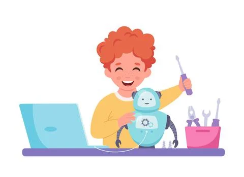 Little boy creating a robot. Robotics, programming and engineering for kids. Stock Illustration