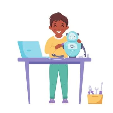 Little boy creating a robot. Robotics, programming and engineering for kids. Stock Illustration