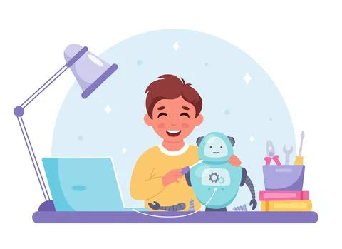 Little boy creating a robot. Robotics, programming and engineering for kids. 스톡 일러스트