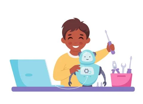 Little boy creating a robot. Robotics, programming and engineering for kids. Stock Illustration