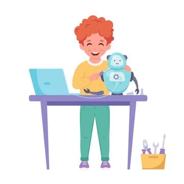 Little boy creating a robot. Robotics, programming and engineering for kids. 스톡 일러스트