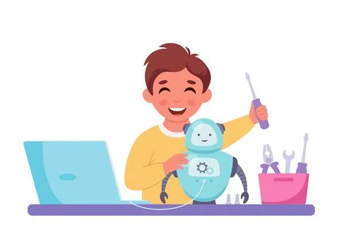 Little boy creating a robot. Robotics, programming and engineering for kids. 스톡 일러스트