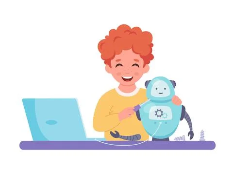 Little boy creating a robot. Robotics, programming and engineering for kids. 스톡 일러스트