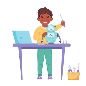 Little boy creating a robot. Robotics, programming and engineering for kids. Stock Illustration