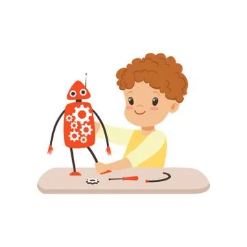 Little boy creating smart robot, robotics and programming for kids, educational Stock Illustration