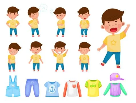 Little Boy with Different Face Expression and Clothes Big Vector Set Illustrazione stock