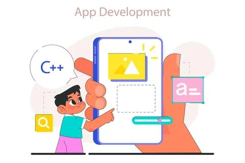 Little boy do programming. Computer science and application development Illustrazione stock