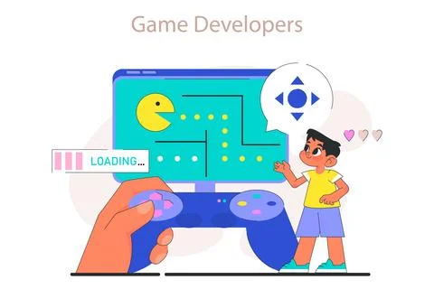 Little boy do programming. Game design educational course. Children learning Stock Illustration