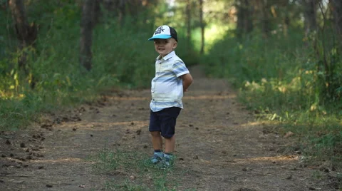 Little boy doing exercises in the woods Stock Footage 67092506