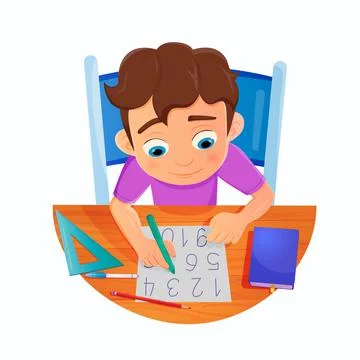 Little boy doing homework by reading and writing numbers on his desk. Stock Illustration