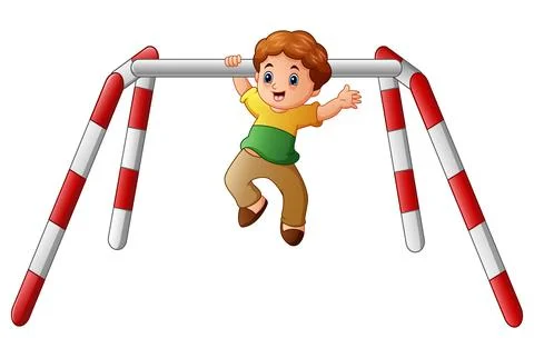 Little boy doing pull ups exercise Illustrazione stock