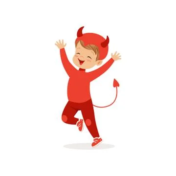Little boy dressed as a devil, cute kid in a red halloween costume vector Stock Illustration