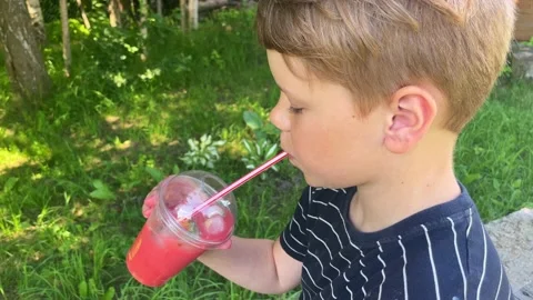 A little boy drinks fresh lemonade Stock Footage 201751209