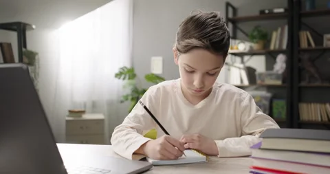 Little boy e-learning online using study app or website on laptop computer Stock Footage 273406451