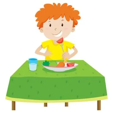 Little boy eating on the table Stock Illustration