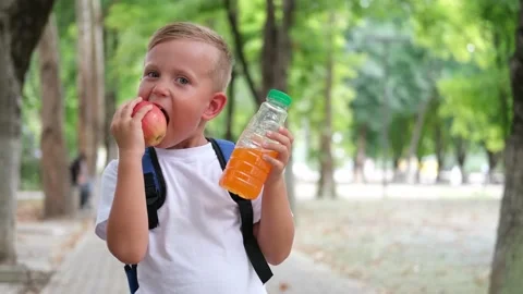 Little boy eats an apple and drinks juice. Stock Footage 208335951