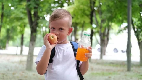 Little boy eats an apple and drinks juice. Stock Footage 208336756