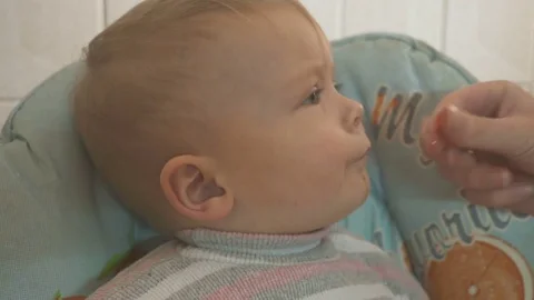 Little boy eats caviar in the kitchen Stockbeeldmateriaal 84033102