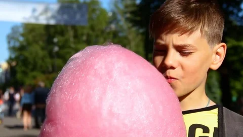Little boy eats cotton candy at an amusement park. Video stock 117939711
