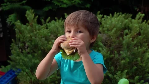 Little boy eats a delicious homemade cheeseburger Stock Footage 270411033