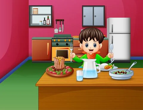 Little boy eats sitting at the dining table イラスト素材
