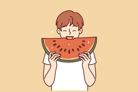 Little boy eats watermelon enjoying taste of juicy fruit that allows to refresh Stock Illustration