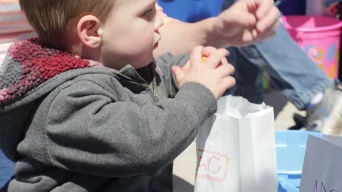 Little Boy Empties His Easter Egg Contents Into A Bag 스톡 동영상 77524567