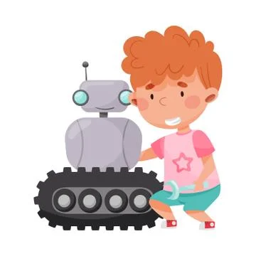 Little Boy Engineering and Creating Robot Vector Illustration Illustrazione stock