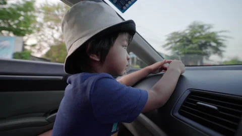 Little boy enjoying in car while travel weekend trip Stock Footage 152904627