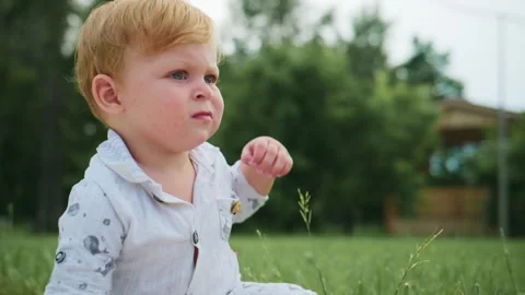 Little boy explores grass, eyes shut, hand extended Stock Footage 340885176