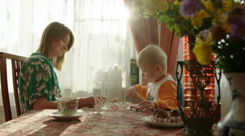 Little Boy Feeding Himself with Fork Stock Footage 56695628