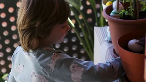 Little boy finding decorative eggs during easter egg hunt at home Video stock 331718687