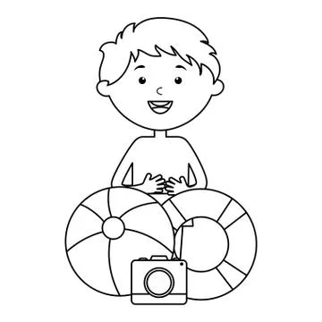 Little boy with float and balloon beach Illustrazione stock