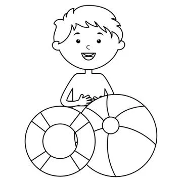 Little boy with float and balloon beach Stock Illustration