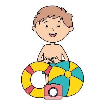 Little boy with float and balloon beach Stock Illustration