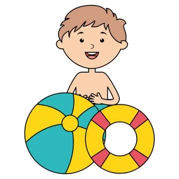 Little boy with float and balloon beach Stock Illustration