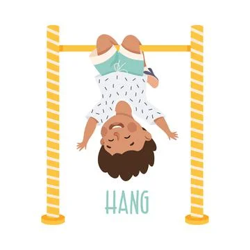 Little Boy Hanging Upside Down on Horizontal Bar Demonstrating Vocabulary and Stock Illustration