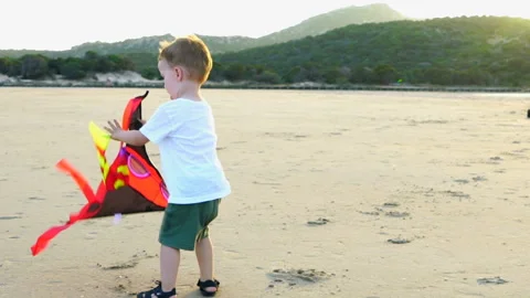 Little boy having fun and trying to flying kite on the beach, slow motion HD Stock Footage 125251359