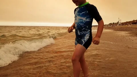 Little boy is having fun on the seashore in summer. Stock Footage 166740833