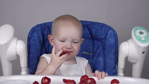 A little boy in a high chair eats fresh strawberries appetizingly and smiles Stock Footage 276645660
