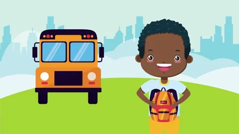 Little boy holding backpack in front of school bus with city skyline backgr.. Stock Footage 333354140
